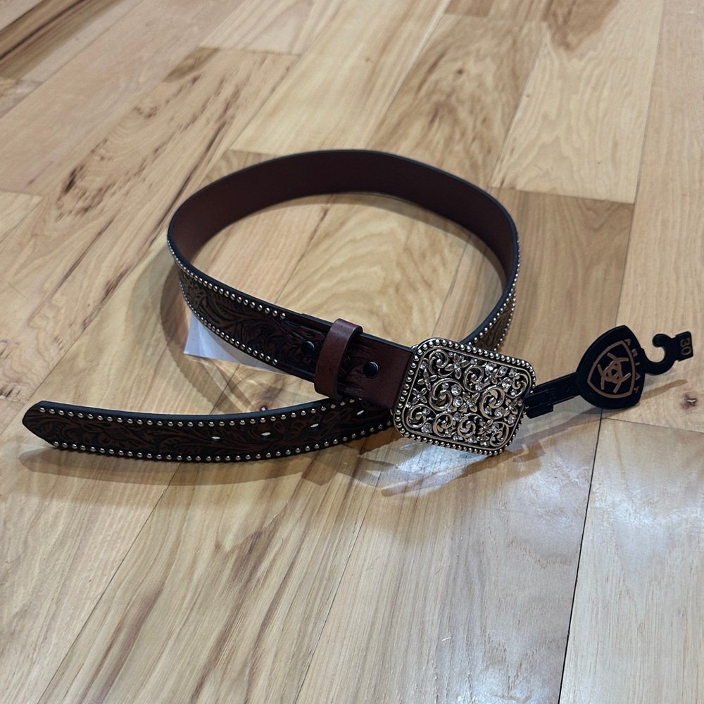 Ariat Brown Leather Belt with Ornate Silver Buckle